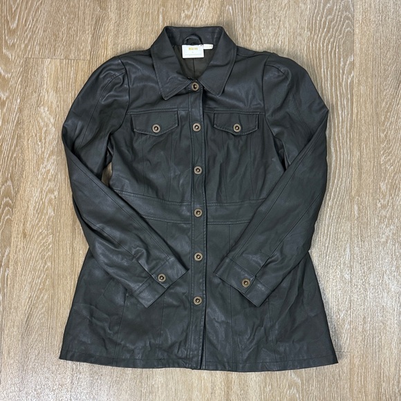 Anthropologie Maeve Kellie Olive Green Faux Leather Coat Removable Fur Collar - Picture 10 of 13